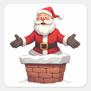 Tomte som kommer ner genom skorstenen God Jul Fyrkantigt Klistermärke