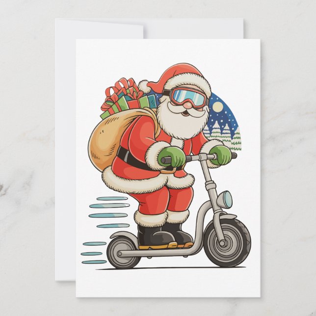 Tomte som kör scooter julmatchande familj julkort (Framsida)
