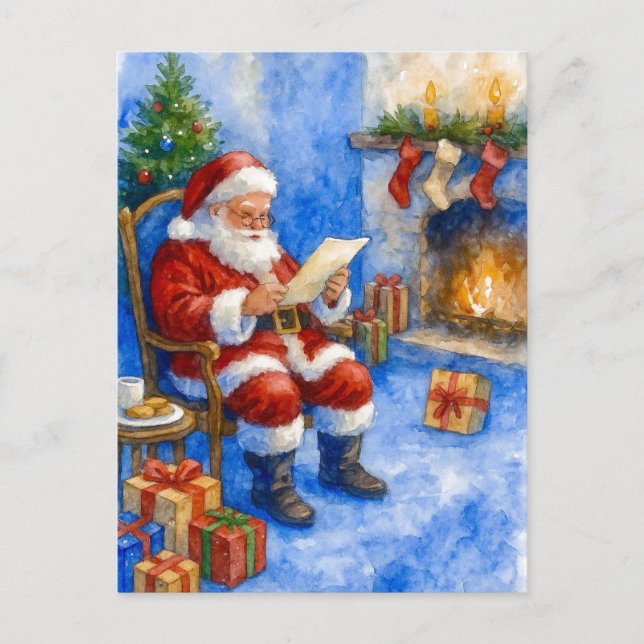 Tomte som läser brev vid brasan julkort helg vykort (Framsida)