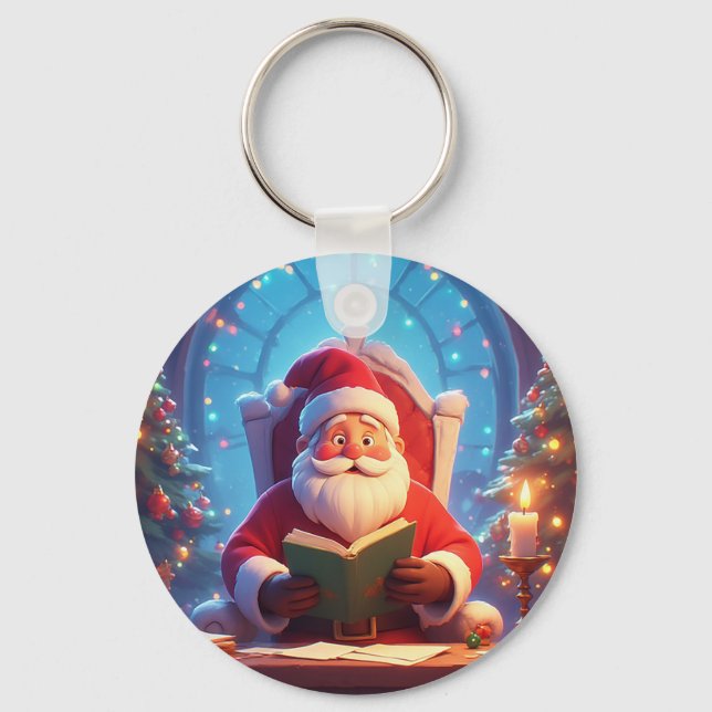 Tomte som läser en bok i ljuset från ett ljus nyckelring (Framsida)