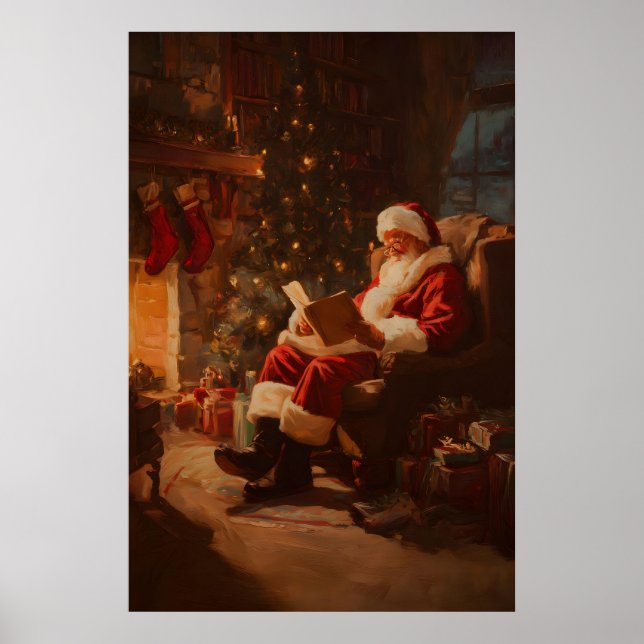 Tomte som läser vid brasan tryck, Vintage Poster (Framsidan)