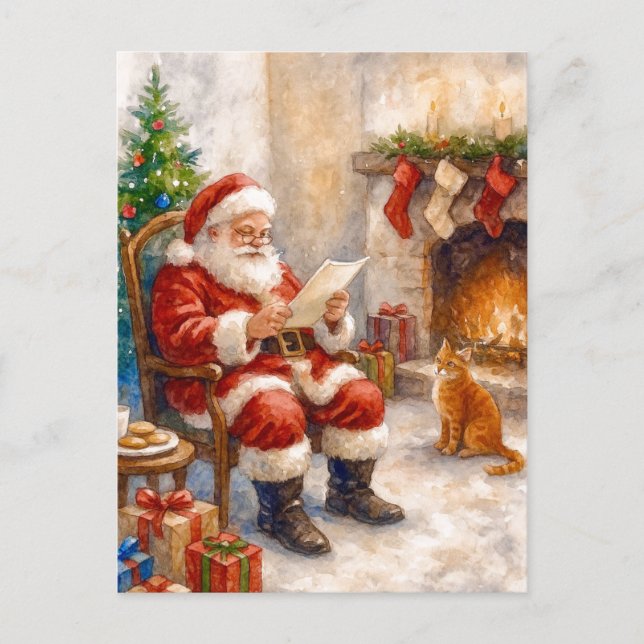 Tomte som läser vid öppen spis mysig julkort helg vykort (Framsida)