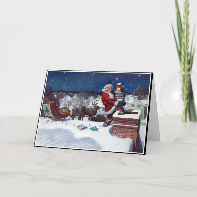 Tomte som levererar böcker på jul kort (Framsida)
