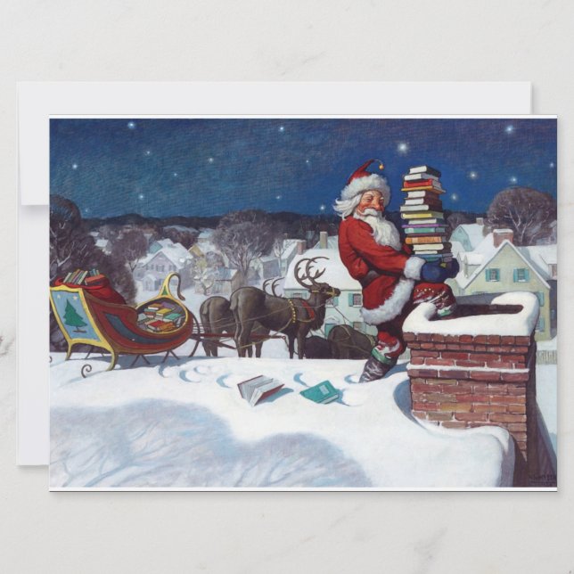 Tomte som levererar böcker på julen, kort (Framsida)