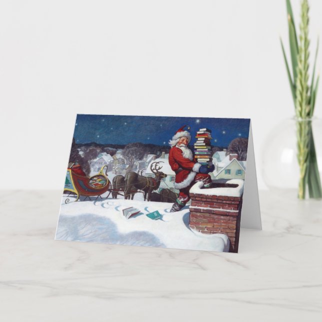 Tomte som levererar en armlast med böcker av N.C.  Kort (Framsida)