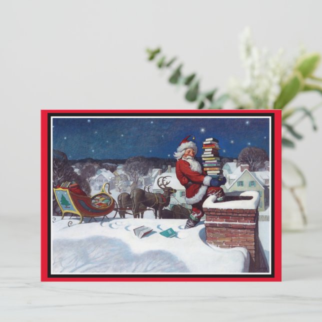 Tomte som levererar en stor mängd böcker julkort (Stående Fram)