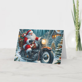 Tomte som levererar paket på motorcykel helgkort
