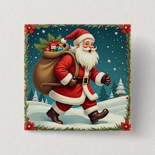 Tomte som levererar presenter genom snöig skog knapp