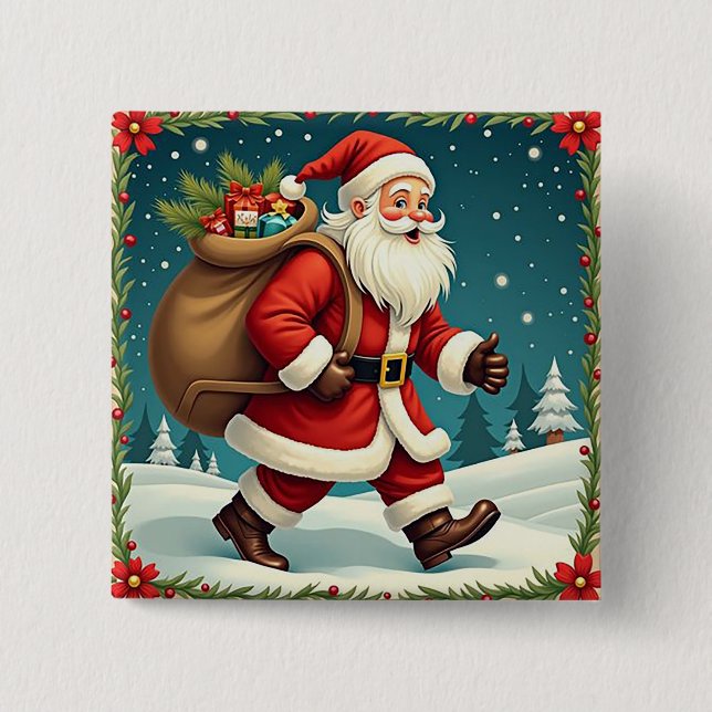 Tomte som levererar presenter genom snöig skog knapp (Framsida)