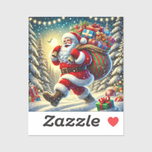 Tomte som levererar presenter på en snöig jul klistermärken
