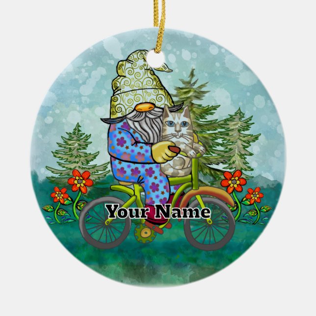Tomte som rider på cykel julgransprydnad keramik (Framsidan)