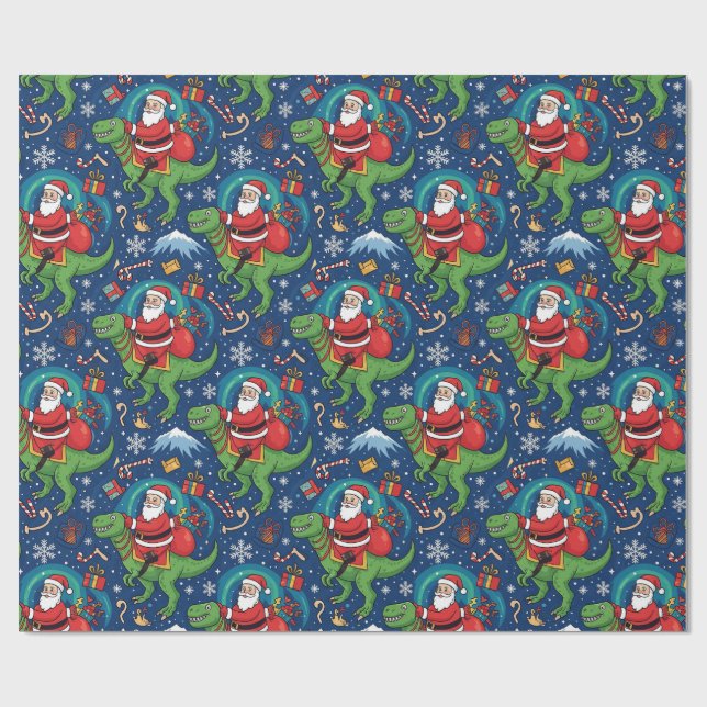 Tomte som rider på en dinosaur - rolig juldesign presentpapper (Platt)