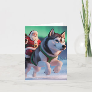 Tomte som rider på en jättelik husky genom snö helgkort