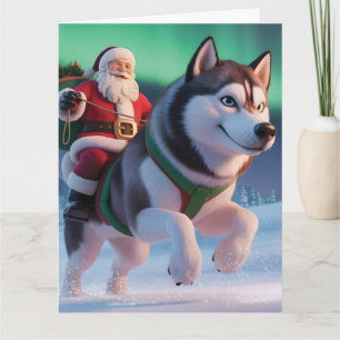 Tomte som rider på en jättelik husky genom snö kort