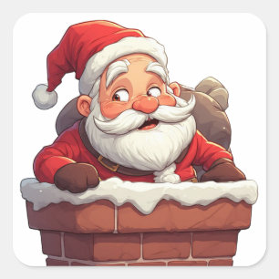 Tomte som sitter i skorstenen med julpresent fyrkantigt klistermärke