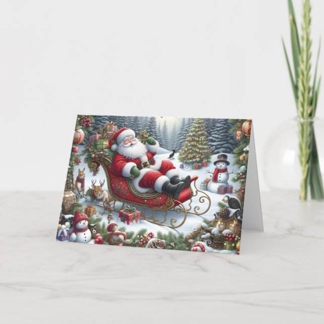 Tomte som slappnar av i släde julkort helgkort (Framsida)