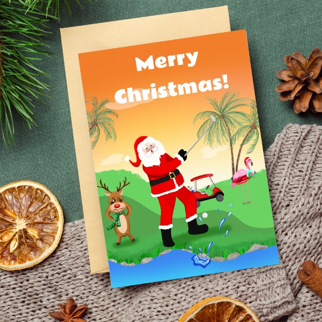 Tomte som spelar golf i vattenhinder i Florida Kort (A great funny Christmas card to send to a golfer!)