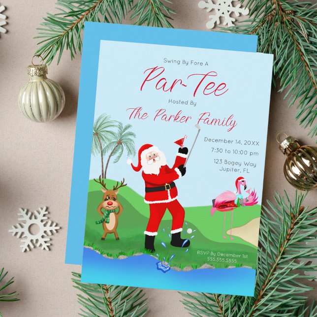 Tomte som spelar golf och ramlar i vattnet med en  inbjudningar (Swing into festive fun with our 'Par-Tee This Christmas!' invitation!)