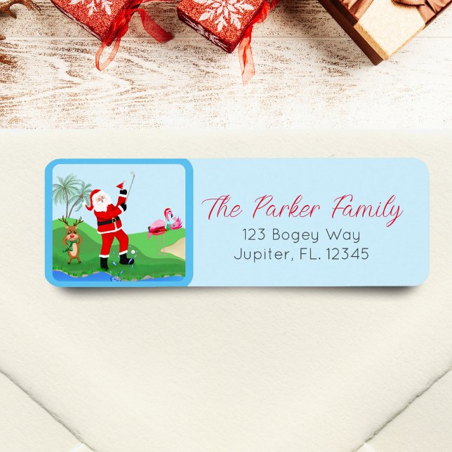 Tomte som spelar golf under vatten med Martini-fes Returadress Etikett (Spread holiday cheer with our 'Par-Tee This Christmas!' return address labels!)