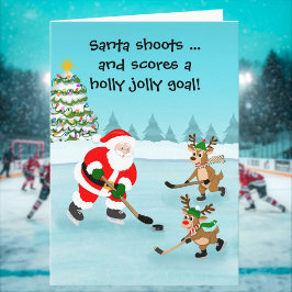 Tomte som spelar hockey med renar jul kort