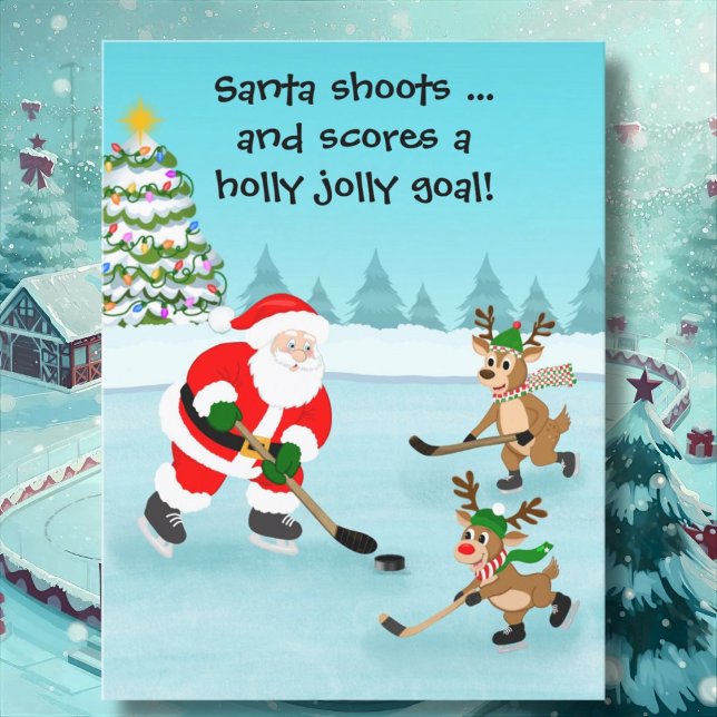 Tomte som spelar hockey med renar jul vykort (Skapare uppladdad)