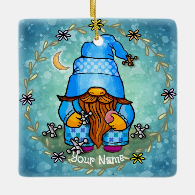 Tomte som spelar jacks  julgransprydnad keramik (Framsida)