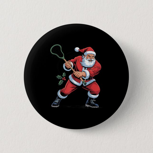 Tomte som spelar Lacrosse Rolig Holiday Jul Xma Knapp (Framsida)