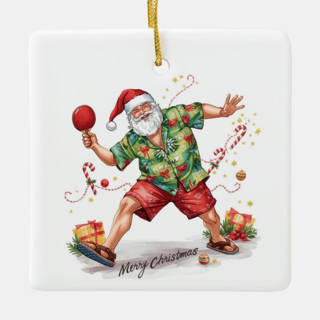 Tomte som spelar pingis i en hawaiiskjorta julgransprydnad keramik (Framsida)