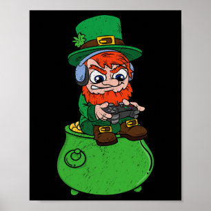 Tomte som spelar TV-spel St Patricks Day Spelare Poster