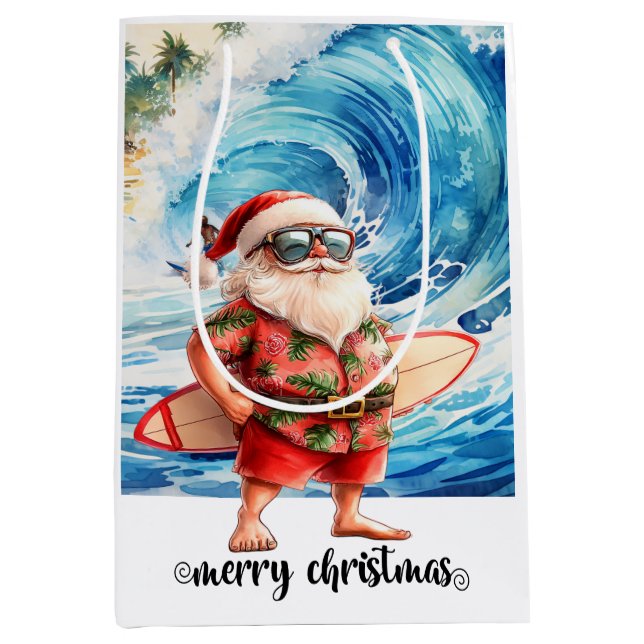 Tomte som surfar med sin surfbräda på stranden  (Framsidan)