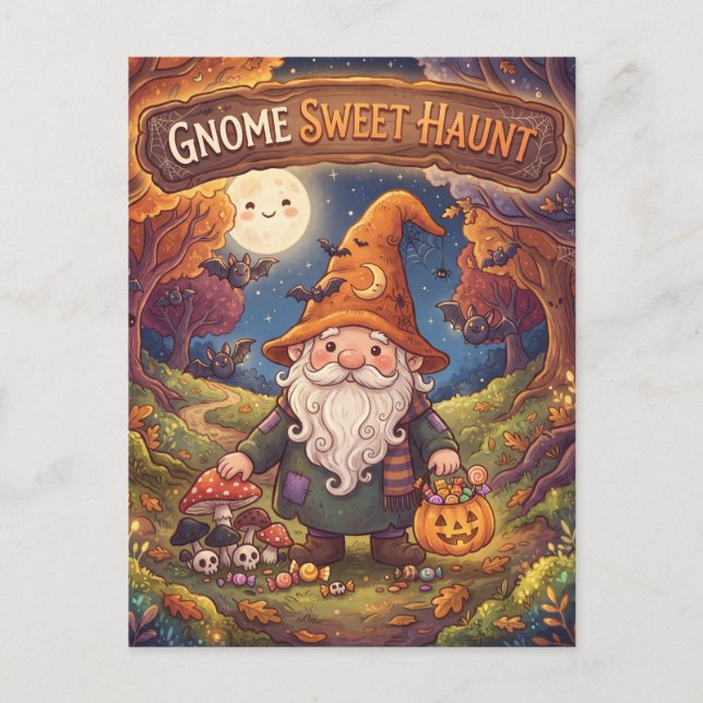Tomte Söta Spöken Halloween Skogsillustration Vykort (Framsida)