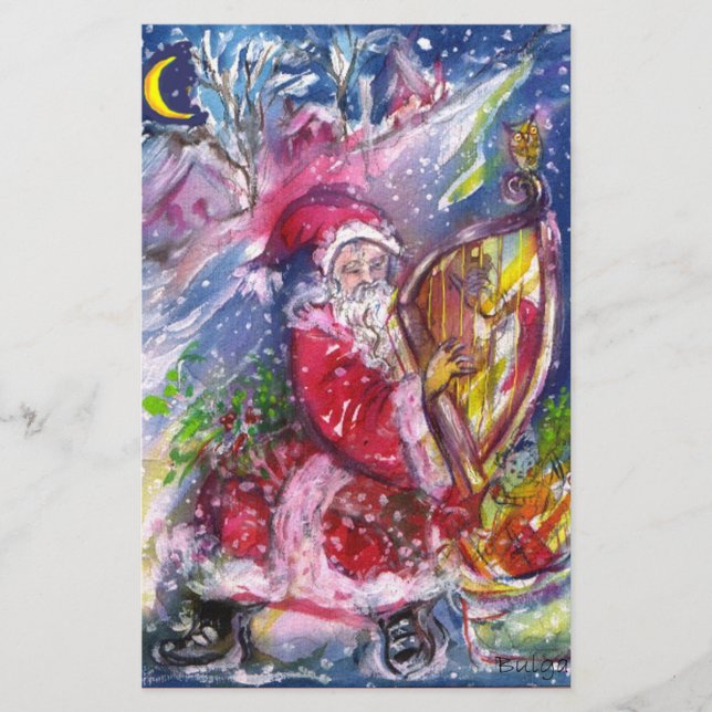 TOMTE SPELAR HARPA I MÅNSKEN Jul Brevpapper (Framsida)