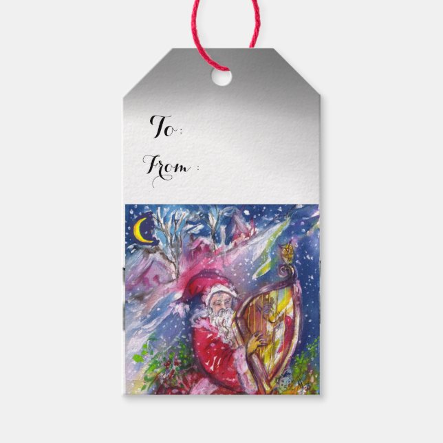TOMTE SPELAR HARPA Röd Vit Jul Presentetikett (Framsidan)