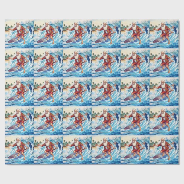 Tomte surfing på stor våg presentpapper (Platt)