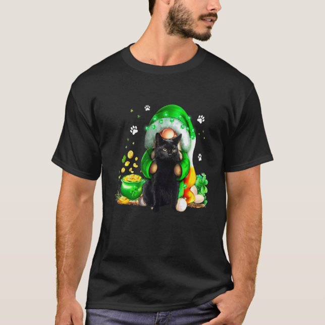 Tomte Svart Katt Shamrock St Patricks Day Kattunge T Shirt (Framsida)
