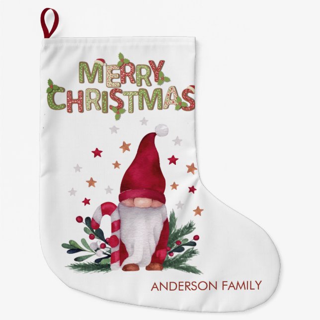 Tomte Tall Grenar Stjärnor God Jul Stor Julstrumpa (Framsidan)