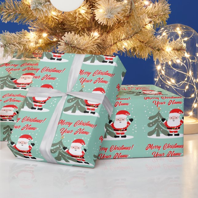Tomte tecknad film med julgran teal presentpapper (Helgdagar)
