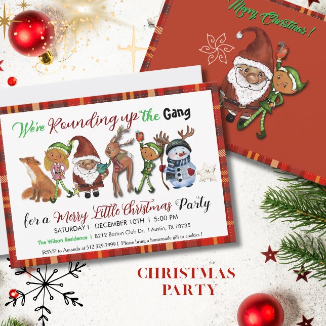 Tomte, tomtenissar, renar & snömannagäng Röd rutmö Inbjudningar (Santa, Elves, Deer & Snowman Gang Red Plaid Invitation)