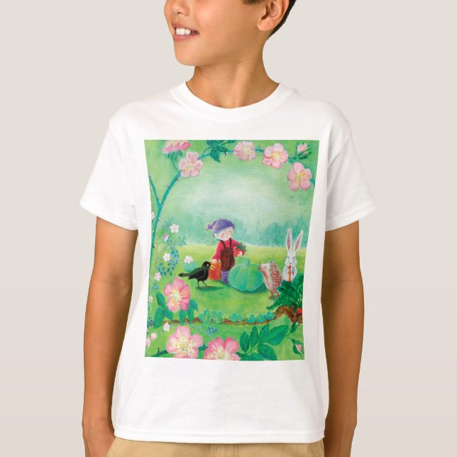 Tomte-trädgårdsmästare, Koltrast, Igelkott & vit K T Shirt (Framsida)