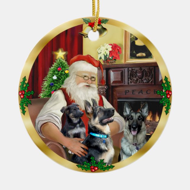 Tomte / tysk shepherd och valp julgransprydnad keramik (Framsidan)