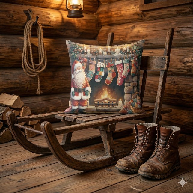 Tomte vid öppen spis Julstrumpor Kudde (Santa by Fireplace Christmas Stockings Throw Pillow Mockup C)