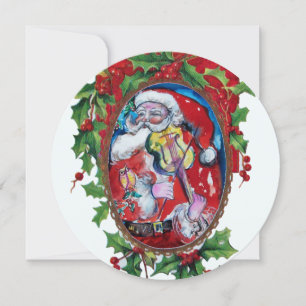 TOMTE VIOLINIST Hollybärskrans Jul Julkort