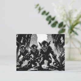Tomtedemoner Öde gata BW 50-tals grafisk stil Vykort