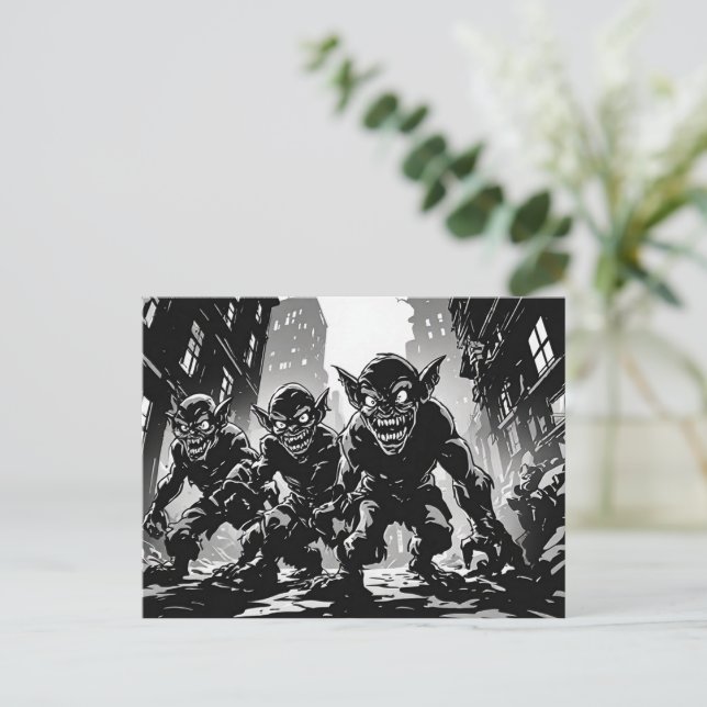 Tomtedemoner Öde gata BW 50-tals grafisk stil Vykort (Stående Fram)