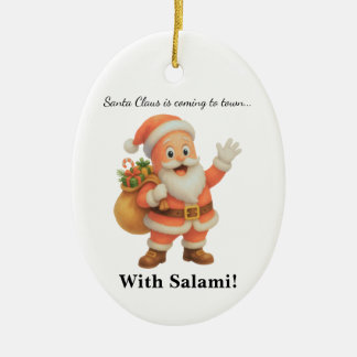 Tomtefar kommer till stan.. Med Salami!  Julgransprydnad Keramik