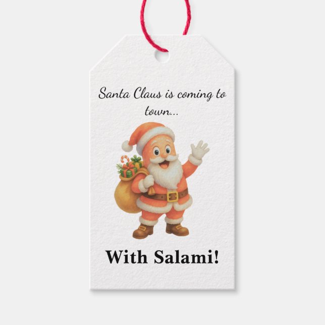 Tomtefar kommer till stan.. Med Salami!  Presentetikett (Framsidan)