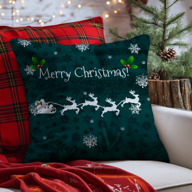 Tomtefar säng och renar kastkudde kudde (Teal Santa's Sleigh and Reindeer Throw Pillow)
