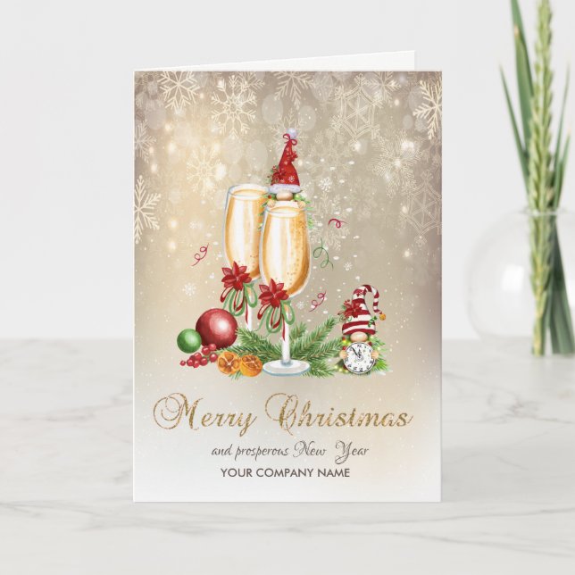 Tomtegubbar Champagneglas Kulor Snöflingor Helgkort (Framsida)