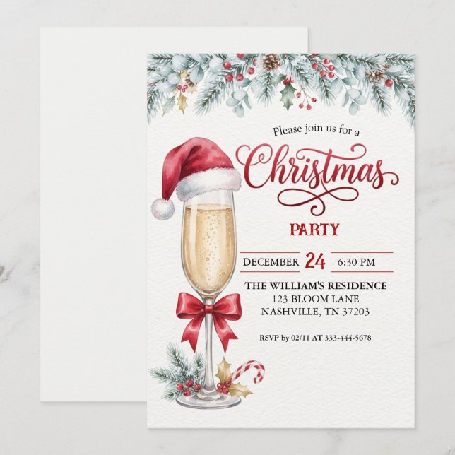 Tomtehatt Champagne Julfestin Inbjudan (Fram/baksida)
