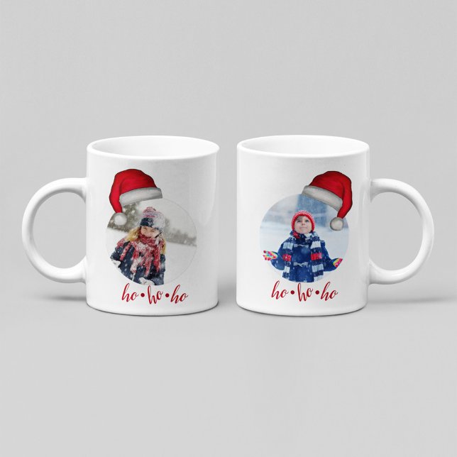 Tomtehatt Foto Jul Ho Ho Ho  Kaffemugg (Christmas photo mug with Santa hat overlay and ho ho ho script personalized holiday gift design.)
